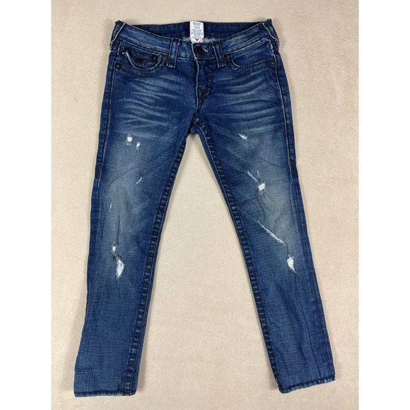 True Religion Womens 27 Jeans Distressed‎ Dark Blue Denim Low Rise Zipper Fly - Picture 1 of 15